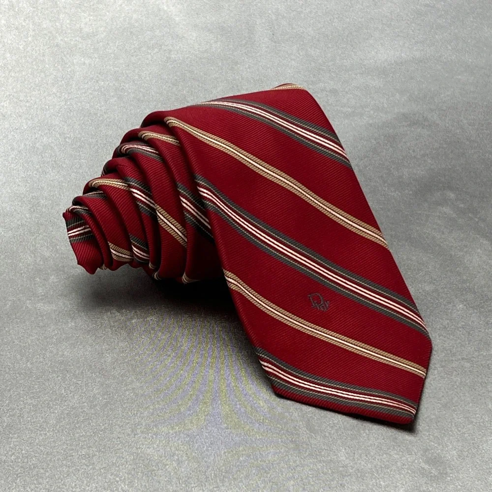 Christian Dior Mens Silk Tie Red Diagonal Stripe Embroidered Logo 54in Vintage